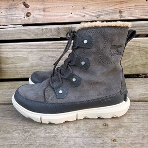 Sorel Explorer Gray Suede Joan Boots Faux Fur Fleece Lining Lace Up 4462-028